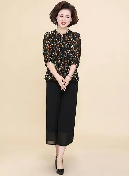 妈妈夏装套装40岁50洋气中年妇女时髦两件套中老年女装短袖雪纺衫