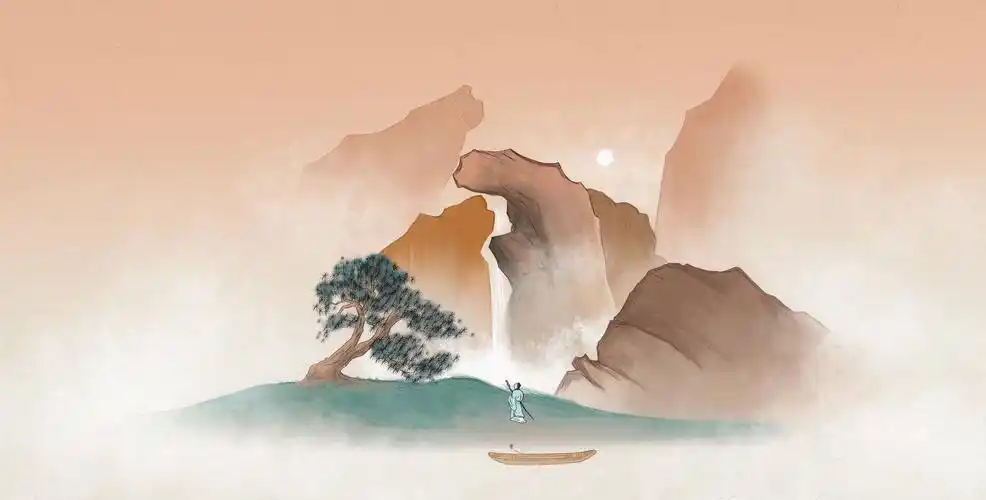 中国风复古山水画中国画青绿山水意境古风世外桃源隐居湖泊插画