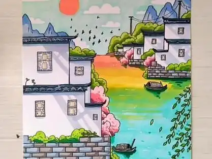麦喆可手绘简单好看的江南风景,国风马克笔风景画,教你画#马克笔手绘