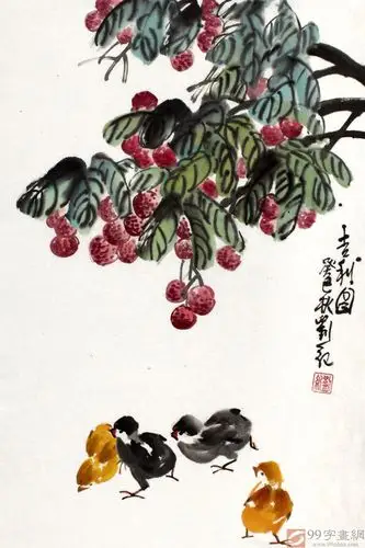 【已售】刘纪四尺三开荔枝国画《吉利图》