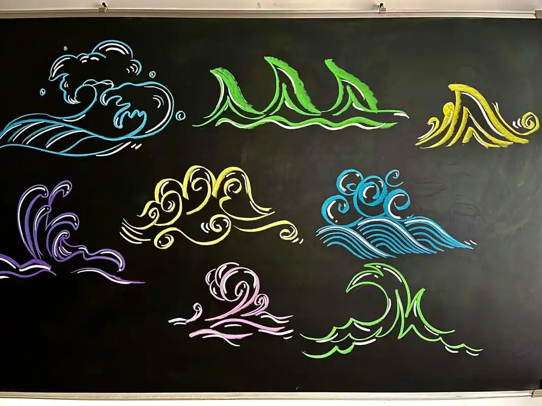 国风浪花的几种画法.#黑板报粉笔画 #粉笔画 #简笔画 #图 - 抖音