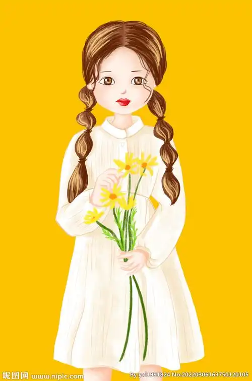 手绘拿花的小姑娘图片