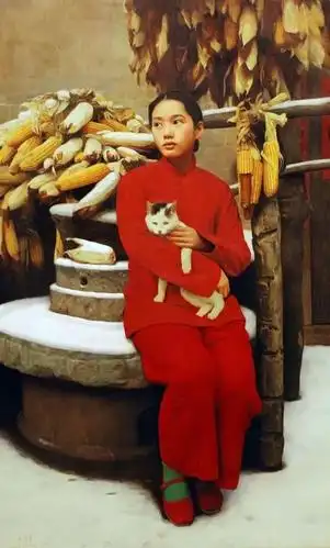 喜庆的中国红王沂东笔下的红衣女子太美了