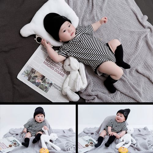 ins居家风男宝宝百天照服装婴儿照周岁拍照服装影楼艺术照条纹服