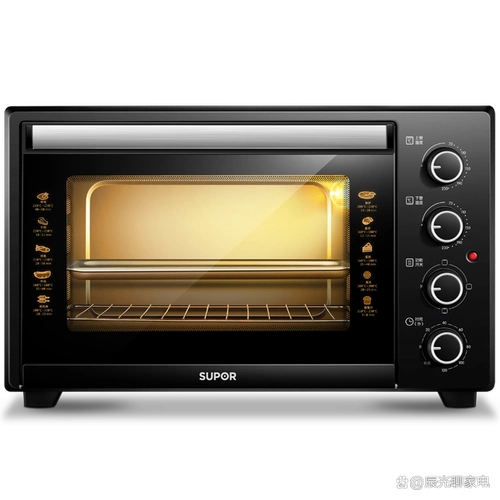 开门方式为下拉门,操控方式为旋钮式.该电烤箱具备定时,温度可调和独