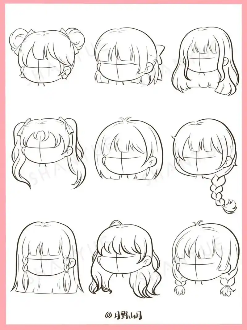 q版女生发型画法合集|女孩头发插画线稿素材 一组常见的女生发型合集