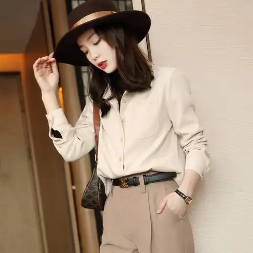 杏色衬衫女轻熟风长袖上衣秋季新款设计感小个子气质百搭雪纺衬衣