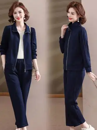 服两件套中年人洋气上衣外套妈妈春装休闲套装藏青色套装5xl145160斤