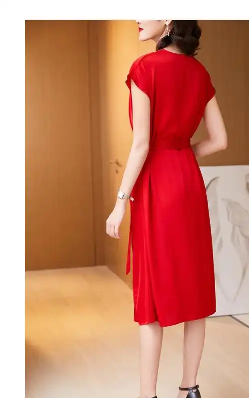 重磅红色真丝连衣裙女2020夏季新款单层缎面桑蚕丝收腰显瘦长裙子