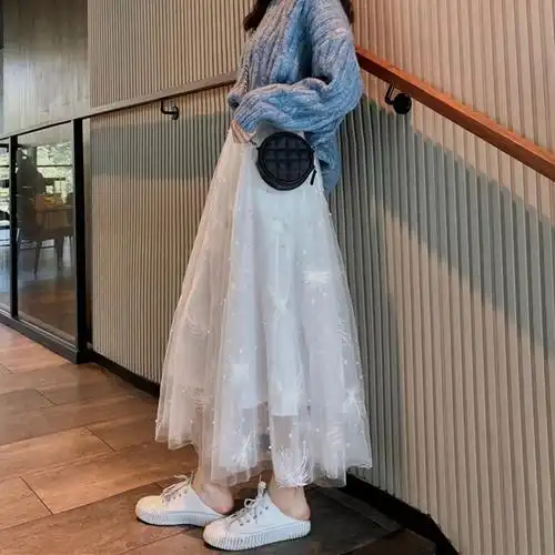 2020新款秋冬白色打底裙仙女纱裙配毛衣雪花网纱半身裙中长款显瘦