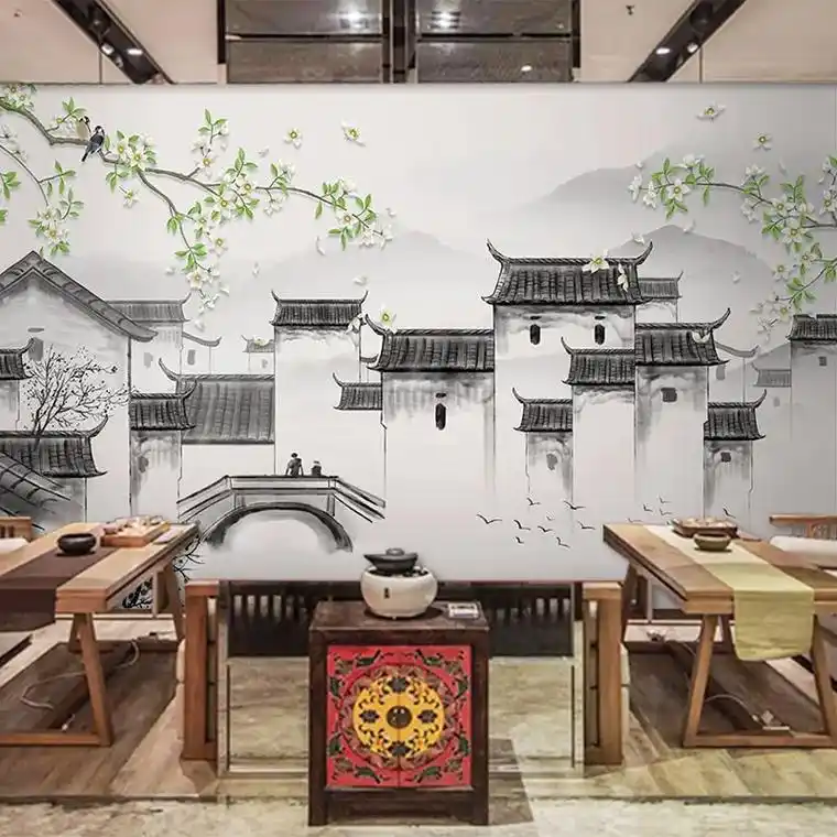 新中式城墙背景墙纸中国风徽派屋檐建筑装饰饭店酒店客厅古风壁纸