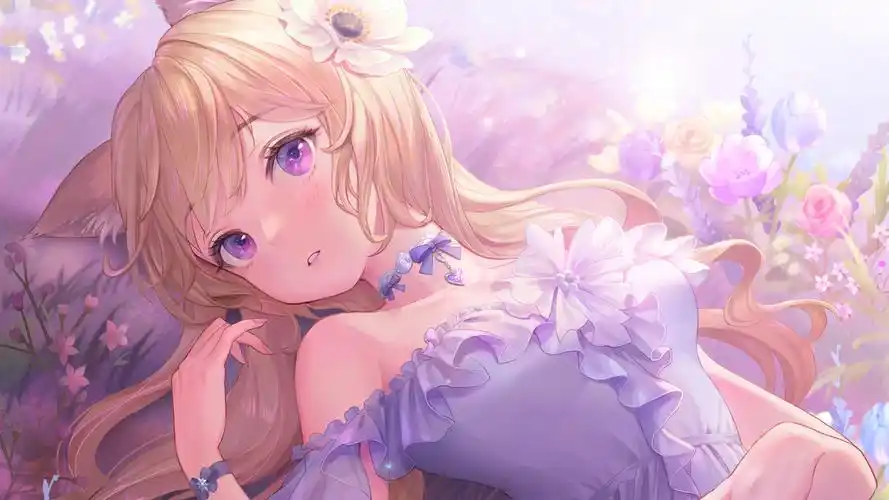 女孩 紫色花海  紫色眼睛 裙子 唯美好看动漫壁纸