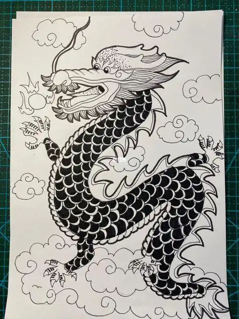 中国龙儿童画书画鉴赏丨中国龙 白描画稿手绘风格中国龙插图图片简笔