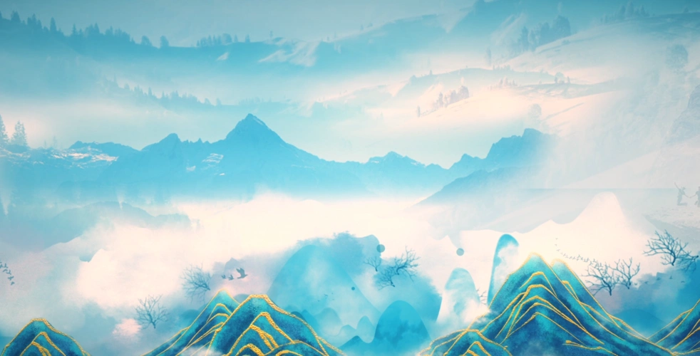 中国风素材-神话色彩中国古典韵味烟雾水墨山水画唯美舞台演绎背景