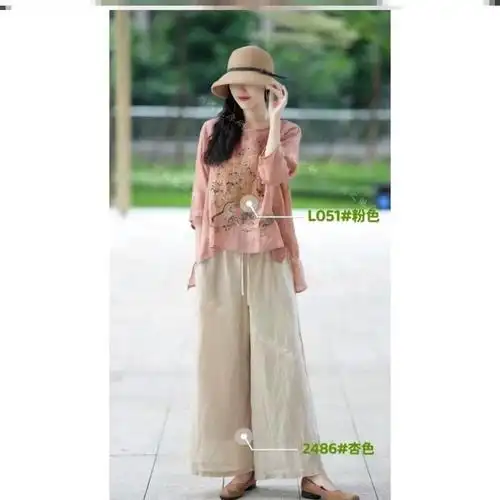 棉麻原创设计民族风中国风薄料高端上衣刺绣苎麻女装新款2022套装