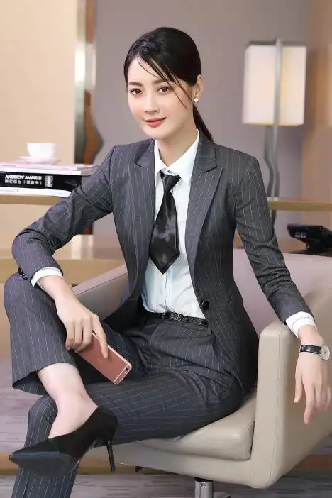 云之蝶条纹空姐制服秋冬职业装女装套装长裤修身商务面试正装酒店