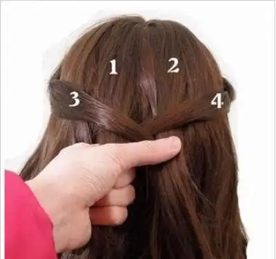 第二步:把后脑勺中间位置的头发拉出来,分成均等两部分,分别用1,2标注