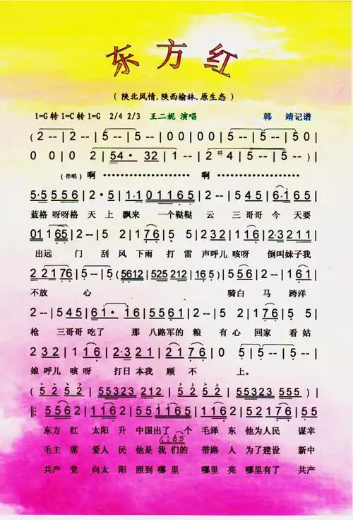 东方红(王二妮原生态系列)【彩谱】简谱