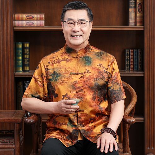 真丝绸唐装男桑蚕丝短袖中老年香云纱爸爸套装衣服中国风衬衫男装