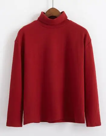女装韩版加厚保暖高领复古纯色长袖套头t恤上衣学生打底衫潮 酒红色