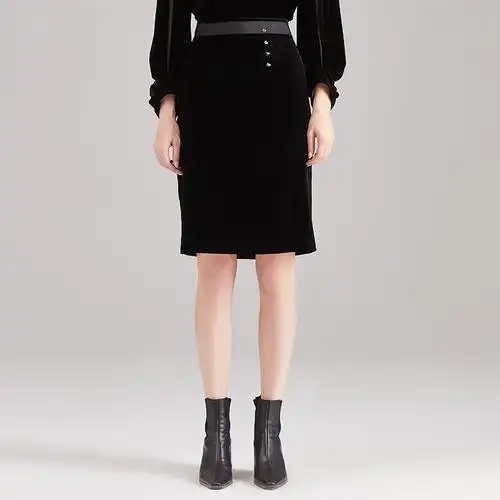 欧柏兰奴真丝桑蚕丝高端丝绒秋冬职业通勤高腰包臀裙一步裙半身裙