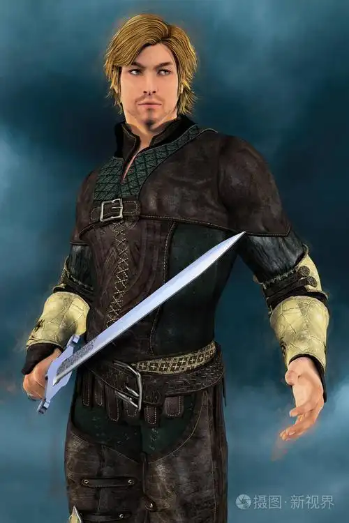 英俊的中世纪游侠猎人或贵族的绘画风格插图.