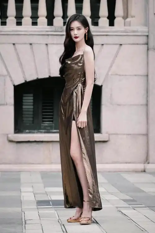明星写真:李一桐金色开叉吊带长裙,搭配一字带高跟鞋性感美照
