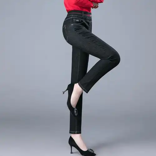 春季中老年女裤妈妈深色纯棉牛仔裤春天女士松紧牛仔裤