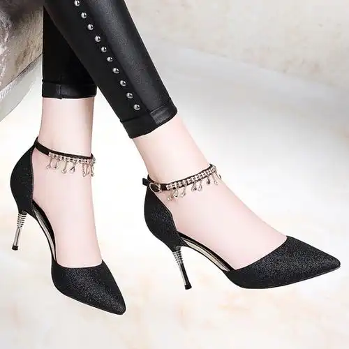 名曼女高跟鞋凉鞋新款夏季尖头细跟女鞋时尚一字扣休闲凉鞋 6446黑色