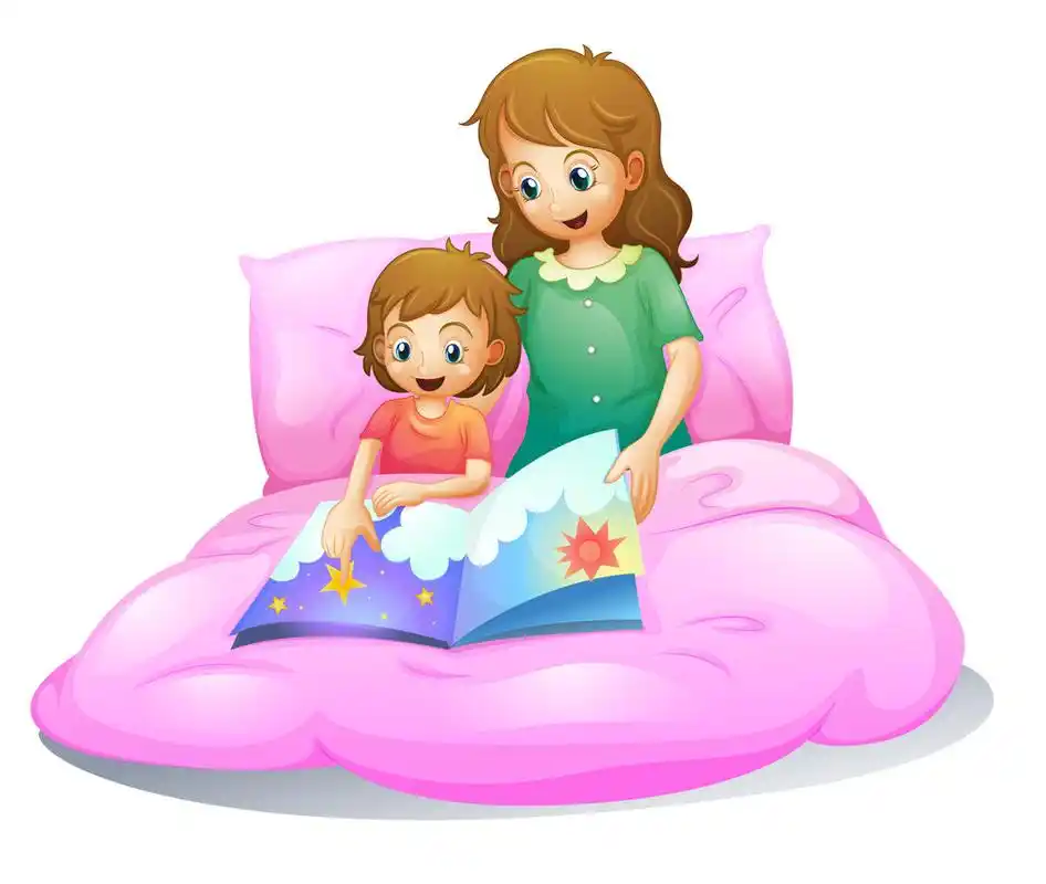 妈妈和孩子,妈妈和孩子坐在一张床上的插图