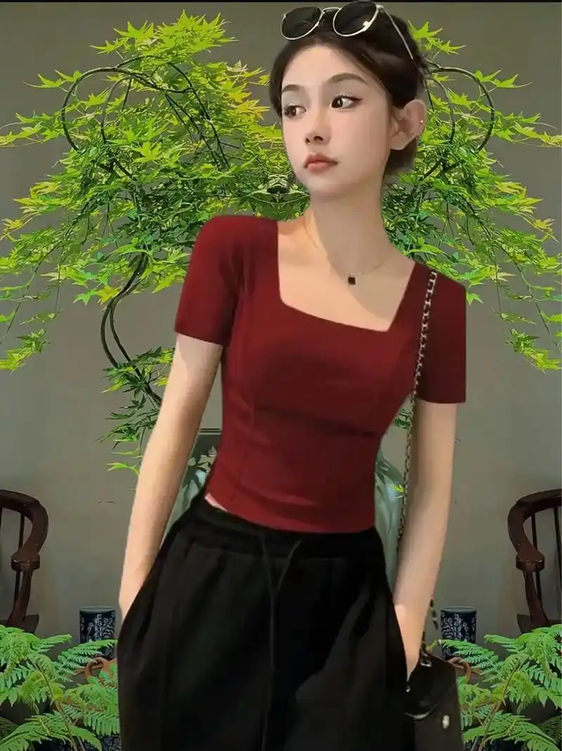 夏季新款百搭方领短袖t恤女紧身短款螺纹鱼骨正肩修身显瘦上衣.