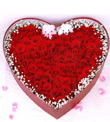 心形99枝红玫瑰花盒,搭配黄莺 ,新品上市-鲜花-鲜花,深圳鲜花,深圳
