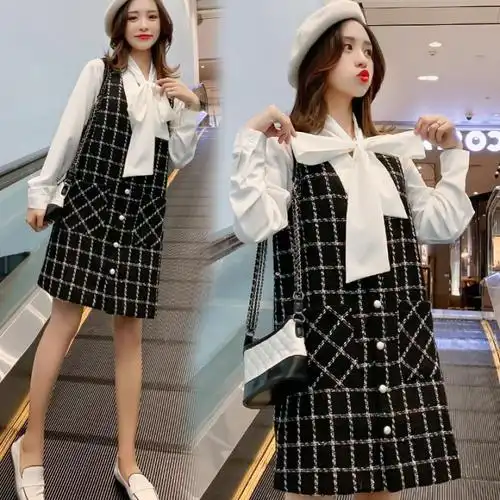 时尚气质女装秋2020秋款法式名媛风套装格子背心裙衬衫洋气两件套