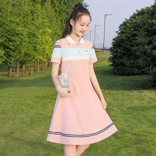 初中学生夏装连衣裙少女小清新学院风青少年高中女生polo裙子