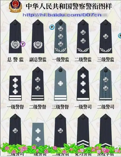 三级警监:橄榄枝加一星   一级警督:两杠三星   二级警督:两杠两星