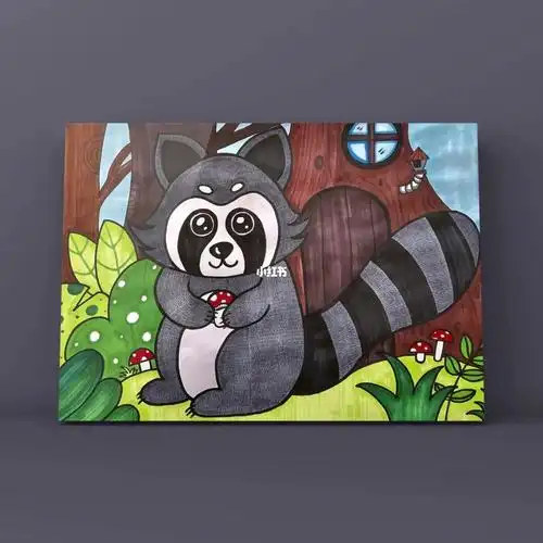 儿童画林地里的小浣熊