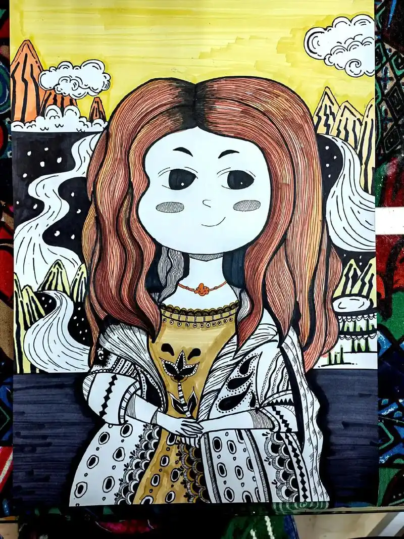 创意线描-蒙娜丽莎,适合6至8岁#画画 #黑白线描画 #手绘 - 抖音