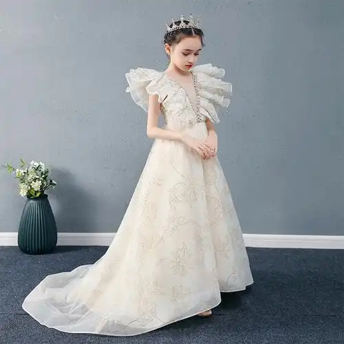 儿童成长婚纱公主裙拖尾豪华小女孩主持走秀大提儿童礼服