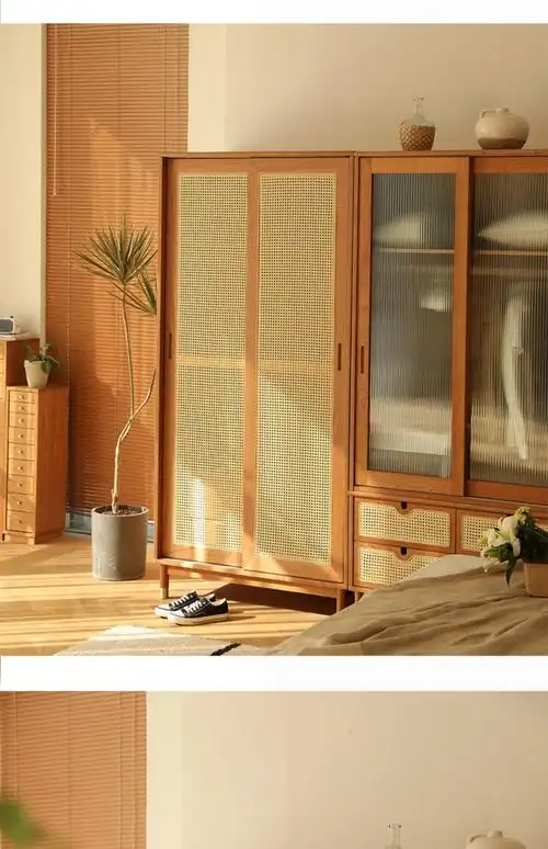 日式实木小户型玻璃推拉门衣橱落地储物卧室家用复古藤编侘寂衣柜