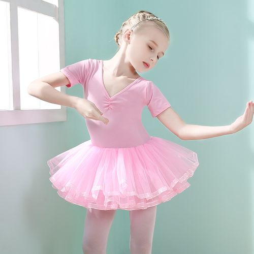 粉色短袖女童芭蕾舞考级练功服女款连体服