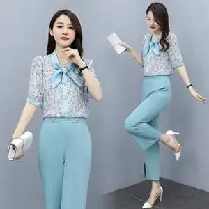 2230两件套碎花短袖t恤 长裤t夏季新款雪纺套装围巾领套装女,套装