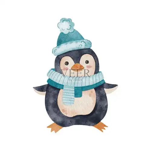 可爱的水彩画企鹅戴着圣诞帽和围巾.