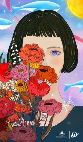 手绘插画治愈系-听风与凤窃语 看漫天熠熠星辰