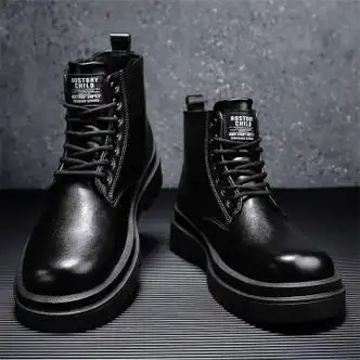 seebytess高帮马丁靴男款冬季侧拉链英伦风休闲皮靴户外登山厚底黑色
