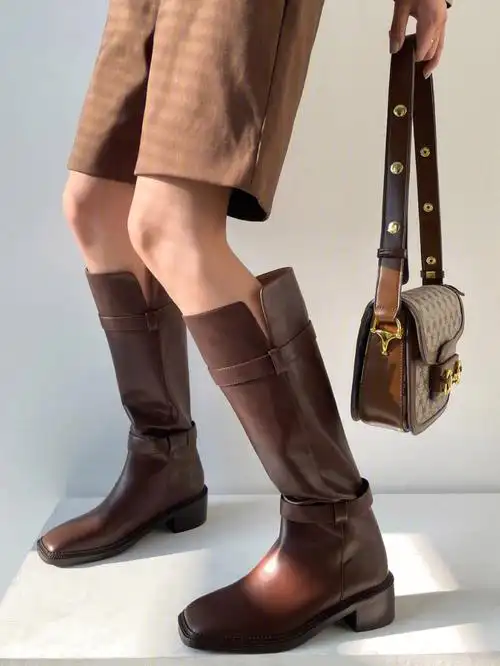 小众复古高级感方头长靴高筒骑士靴女鞋