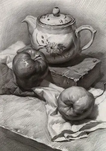 优秀组合素描静物步骤图:老瓷茶壶 砖头 苹果 鸭梨_素描自学网