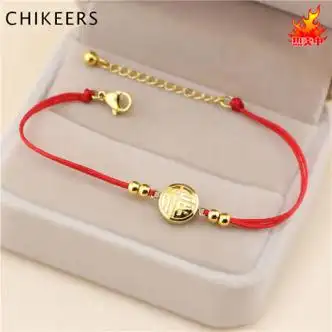 周大福本命年小福字福牌红绳手链女ins不掉色编织绳轻奢闺蜜链新金色