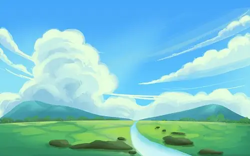 卡通唯美天空远场景草地风景插画海报背景