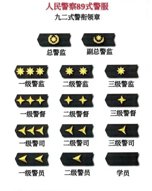 警衔肩章区别:①总警监缀钉一枚金橄榄枝环绕全色四角星,副总警监缀钉