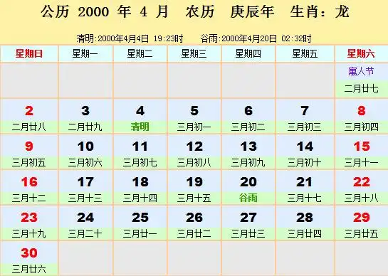 2000年日历表2000年农历阳历表